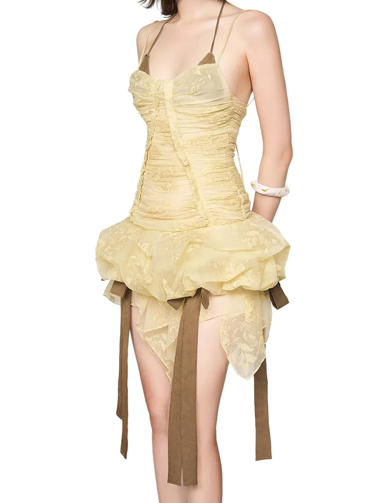 레다치 플레이풀 러플 미니 드레스 세트 텍스처드 튤 시어 프린지 루슈 튜브 드레스 붕대 브라탑 파티 여름 여성 의류