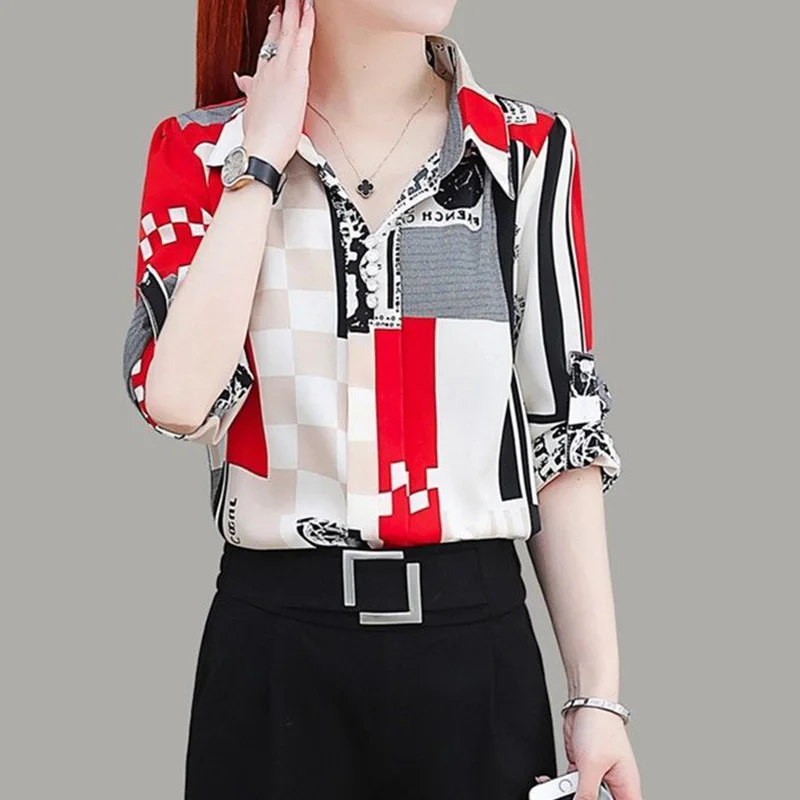 Autumn New Office Lady Various Patterns Printing Chic Shirt Turn-down Collar Loose Half Sleeve All-match Button Pullover Blouse