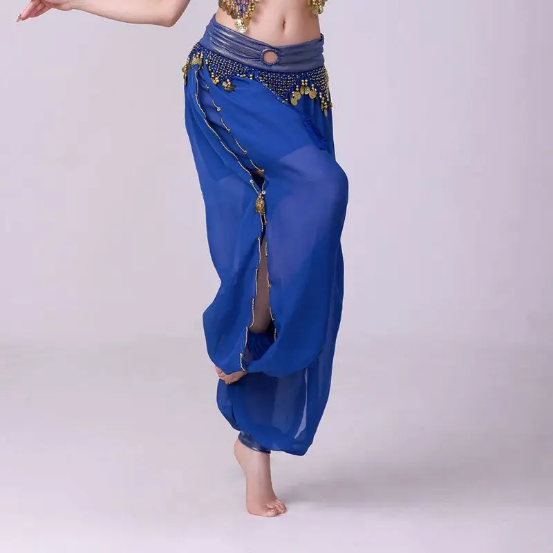 Women Belly Dance See-Though Loose Pants Female Stage Performance Costume Side Split Sequins Bloomers Semi Dancewear