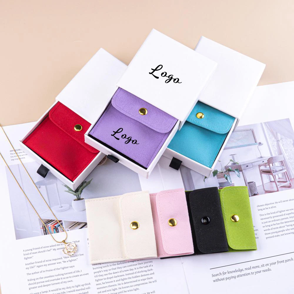 

Custom Logo White Sliding Drawer Jewelry Packaging Box DIY Microfiber Velvet Suede Button Snap Gift Bags Earring Product Pouches