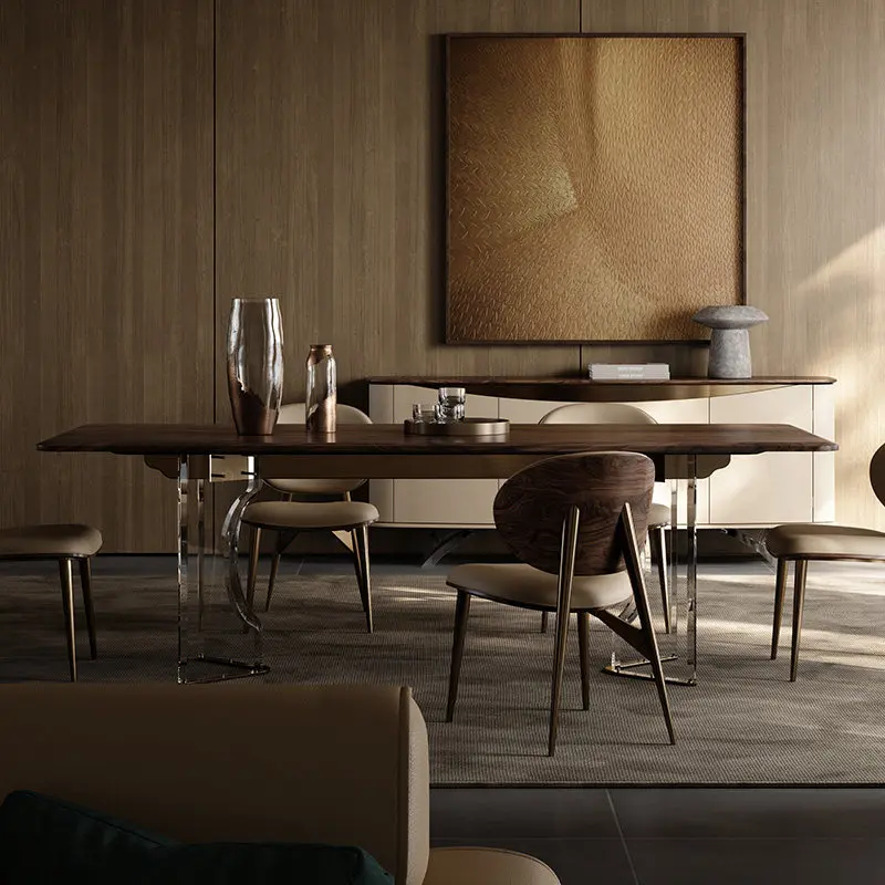 Minimalist solid wood long dining table, large flat-floor home dining table, black walnut