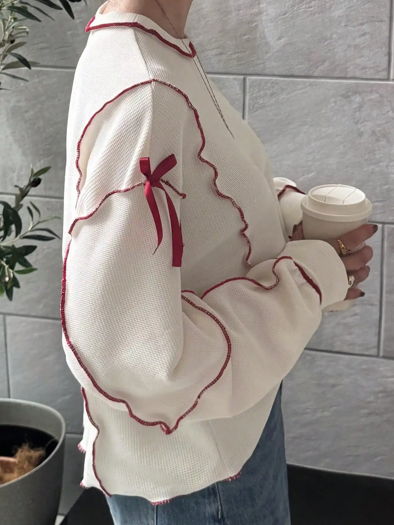 

Женская свободная толстовка с рюшами и красным бантом, повседневный топ с длинными рукавами