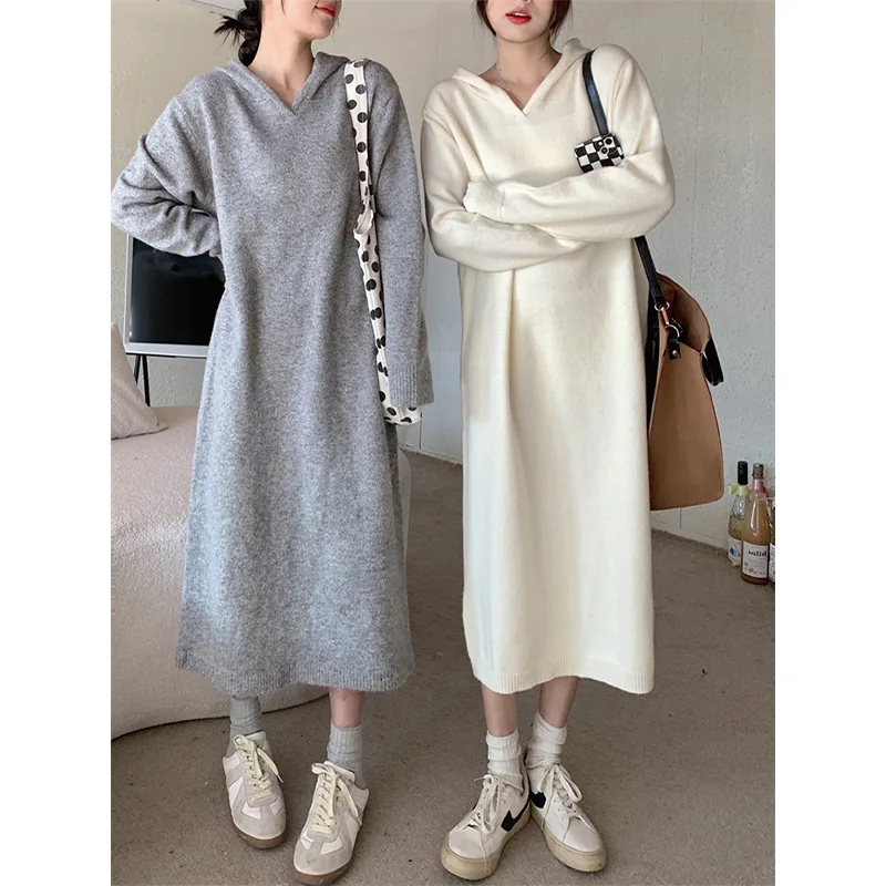 

Fall/Winter New Women's 2024 Grey Hoodie Knitted Sweater Loose Hip Undercover Dress Small