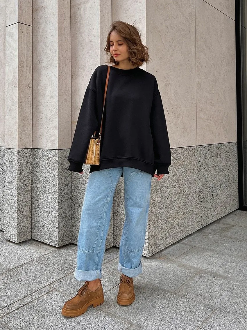 Round Neck Pullover Hoodie Mid Length Alternative Street with Loose Fit Single Regular Thickness Streetwear Women Sweatshirts