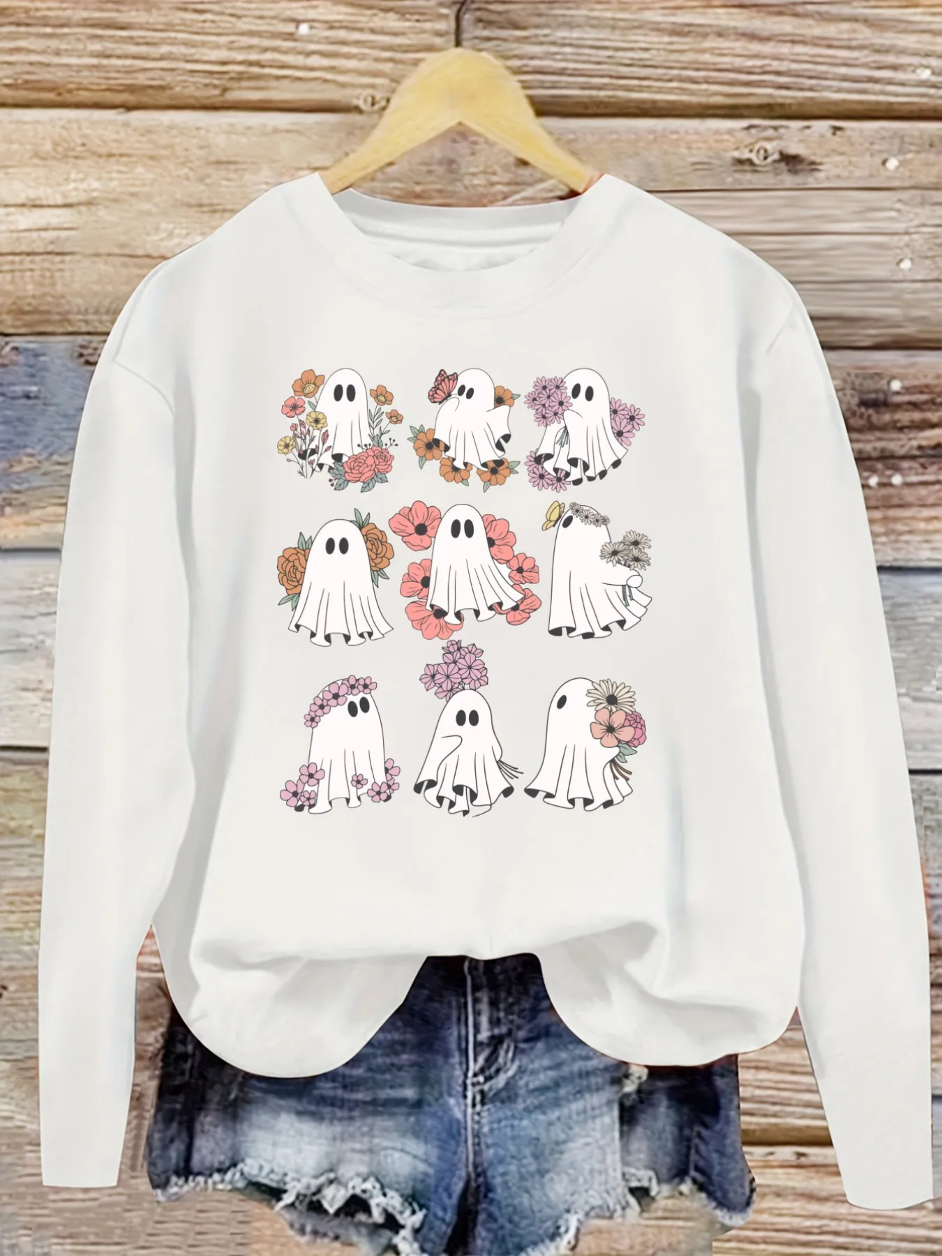 Women's Casual Long Sleeve Crew Neck T-Shirt Floral Ghosts Pattern Print Design Design, Round Neck Women's Clothing, Machine Washable, Slightly Elastic, Loose Fit, Spring Autumn Winter Women's T-Shirt, Halloween Costume Outfit view 5