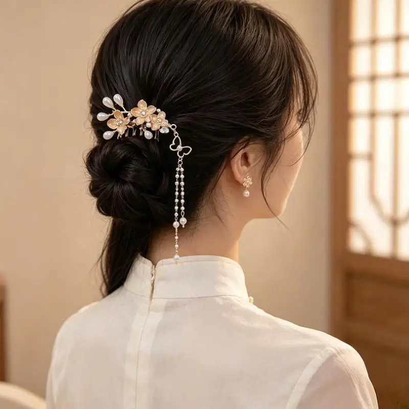 Chinesischer Quasten-Haarkamm, florale Perlen-Quasten-Haarnadel, Vintage-Hanfu-Haarnadel, Retro-Haaraccessoire für Damen, Party, Cosplay, Dekoration – Detail 4