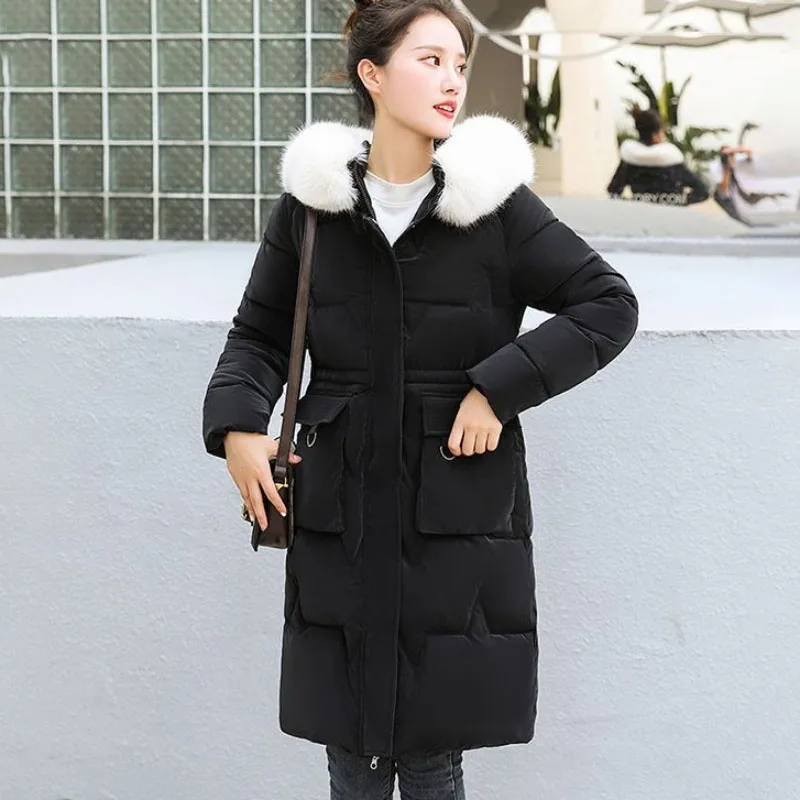 

Long Glossy Down Cotton-Padded Jacket Women Overcoat New Winter Thick Warm Parker Coat Slim Hooded Fur Collar Cotton Jacket