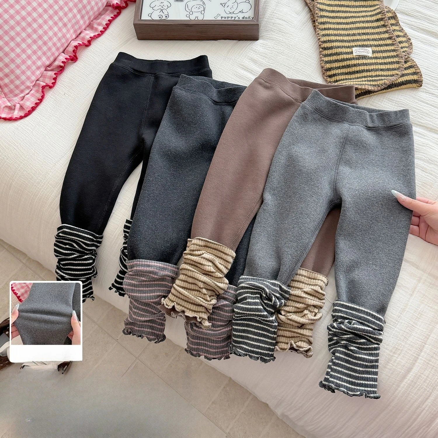 Girls Patchwork Leggings 2026 Winter New High Elastic Striped Sock Sleeve Cuff Fleece Warm Skin Friendly Long Pants