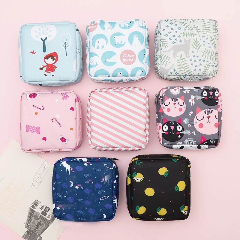 Kawaii Cosmetic Bags Organizer Women Tampon Napkin Sanitary Pad Pouch Storage Bag Ladies Girls Beauty Makeup Bag Holder Case