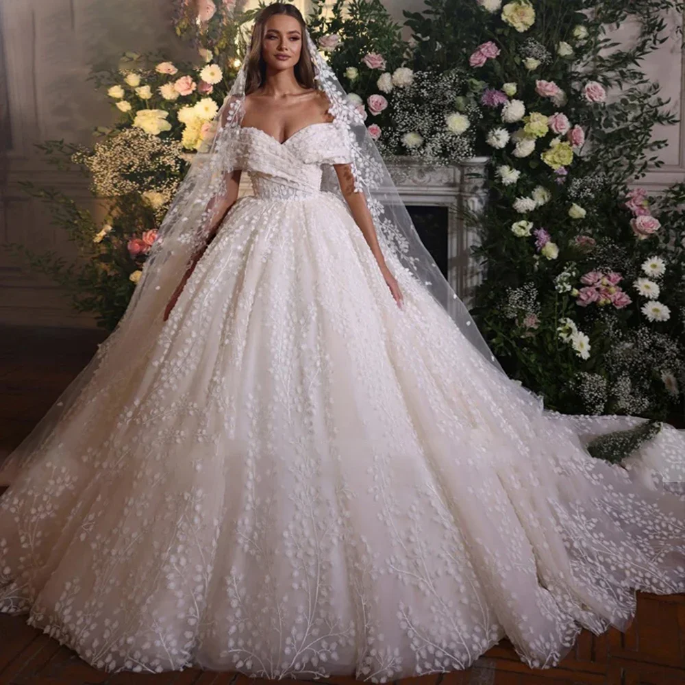 Customized  Luxury LaceA Line Bridal Gowns Boat Neck Short Sleeve Backless Wedding Dress High Quality Princess Bride Dresses