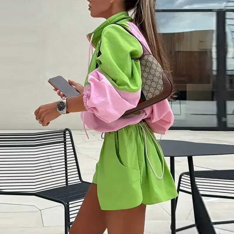 Damen Kontrast-Mantel-Hosenanzug, modischer Stehkragen, Reißverschlusstaschen, Damenmäntel, Shorts, Schnürung, Herbst 2026, Damen-Streetwear – Detail 5