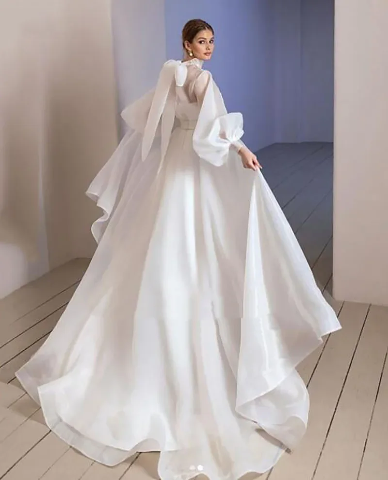 Flavinke gaun pernikahan elegan kerah Halter Organza A-Line gaun pengantin lengan Puff panjang jubah pengantin wanita sederhana Vestido de Novia 2024