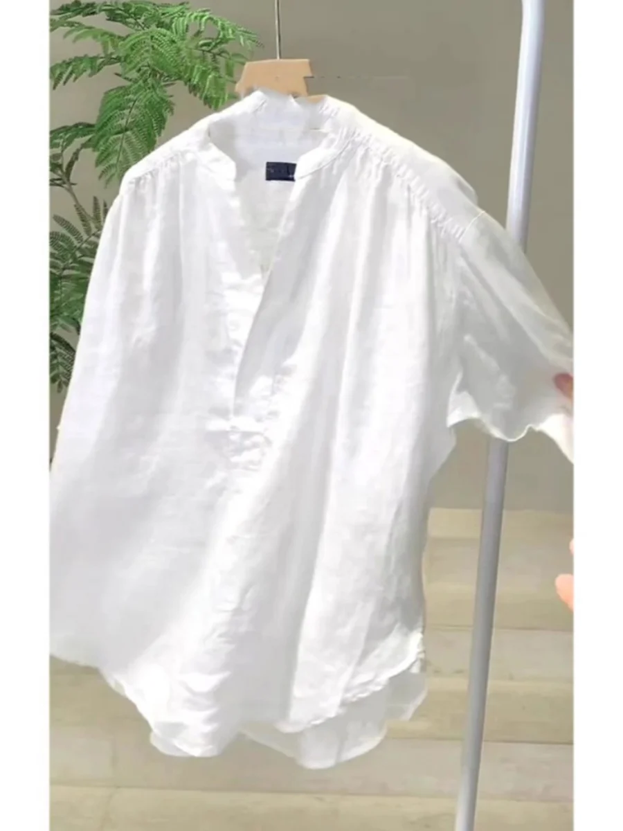 エレホワイトコットンリネンirt女性用サマールーズプラスサイズスリムリネンfオープンカラートップ快適で通気性のある