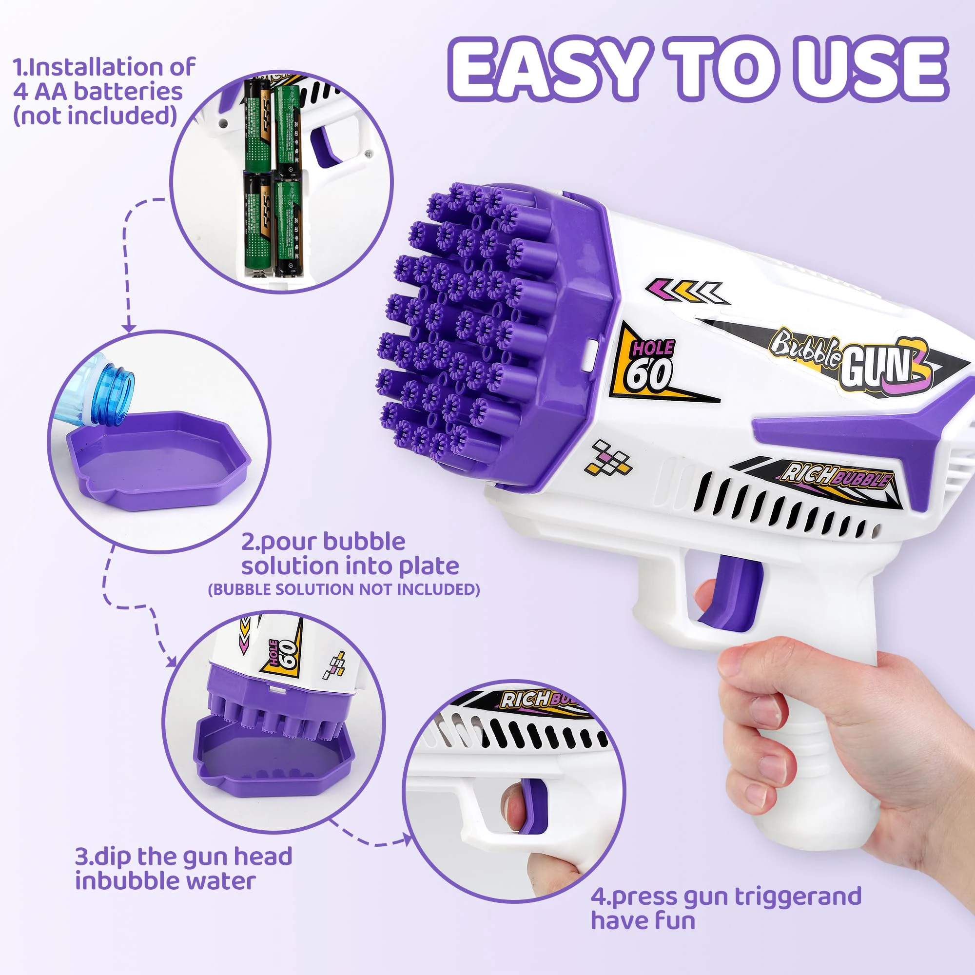 Máquina de bolhas de 60 buracos, pistola de bolhas com luzes led, para crianças, meninos, meninas, festa de aniversário ao ar livre (sem solução de bolhas)