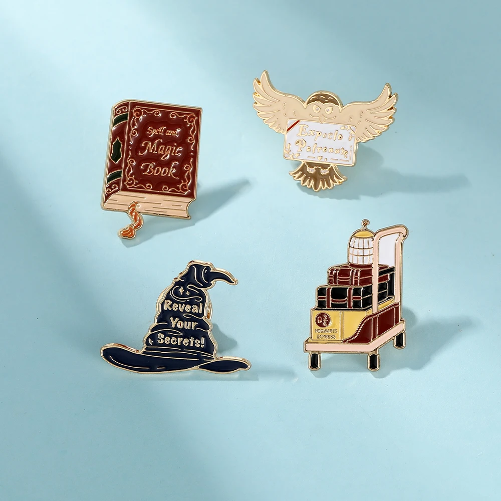 New Magic Book Hat Enamel Pins Letter Owl Luggage Cart Patttern Brooches Cheap Clothing Bag Jewelry Decoration Wholesale