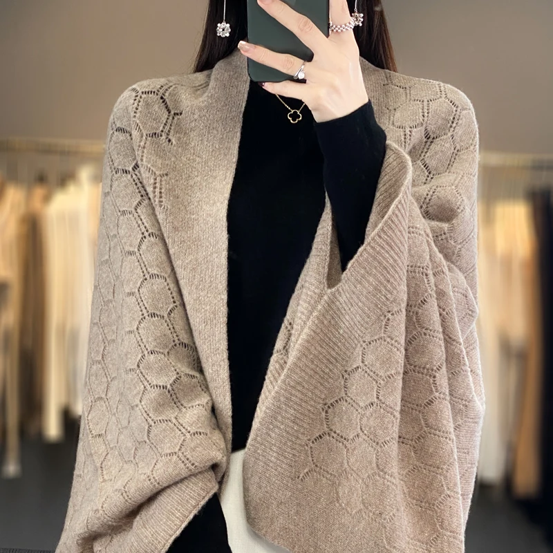 100% Pure Wool Shawl Women\'s Knitted Wispy Top For Autumn and Winter Warmth, Loose Fitting Shawl Scarf, Fashionable Korean