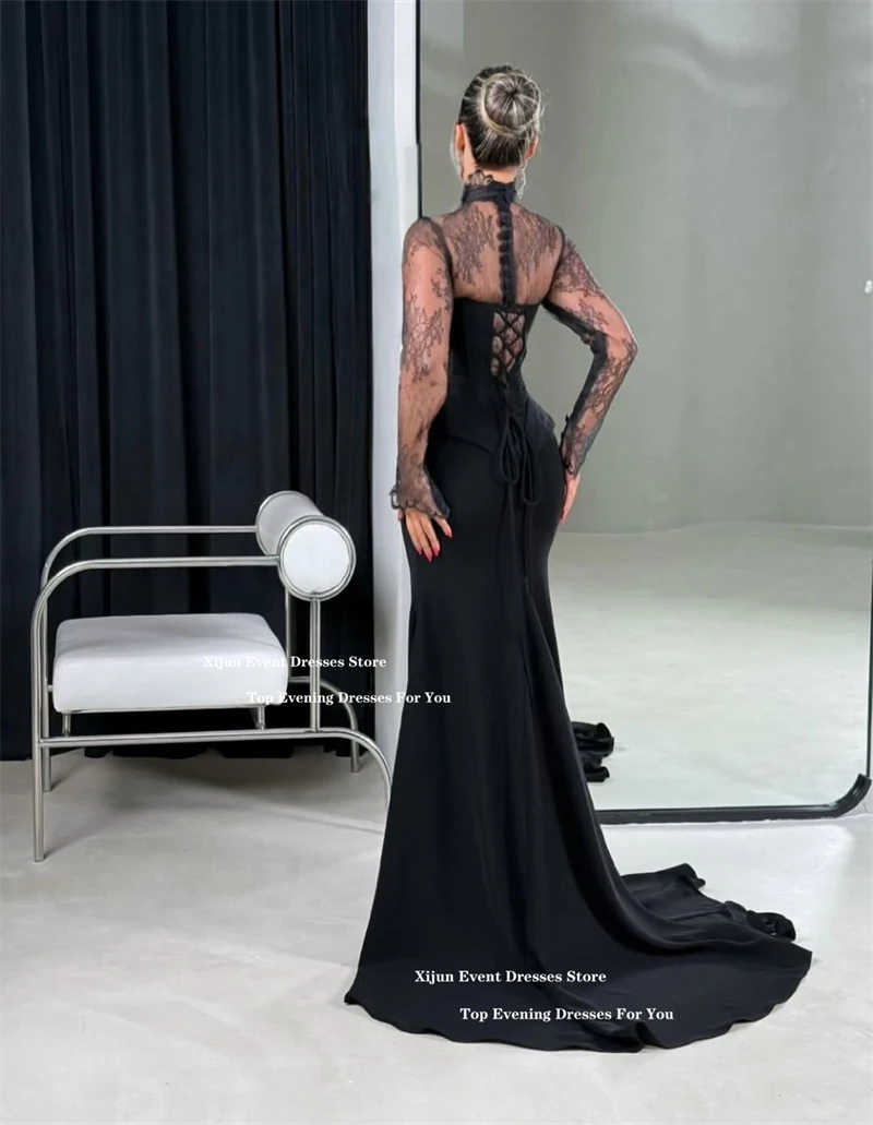 Xijun Sexy Black Crepe Evening Dresses High Collar Long Sleeves Saudi Arabia Formal Prom Dresses Corset Button Prom Gowns Custom