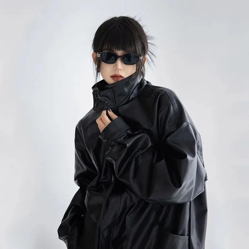 Harajuku jaqueta pu feminina gola alta moda couro falso manga longa casaco heavy metal preto y2k outerwear feminino topos