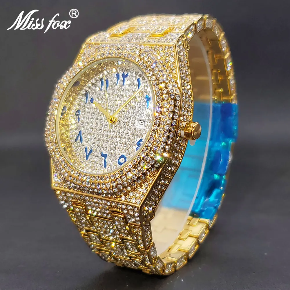 Male Luxury Watch Gold Octagon Diamond Quartz Men\'s Wristwatches Iced Out Calendar Waterproof Clock Look Expensive Dropshipping