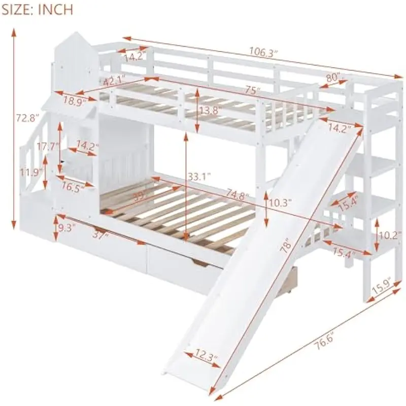 Twin over twin elevated sleeping system with integrated play slide staircase design modern wooden construction featuring two con