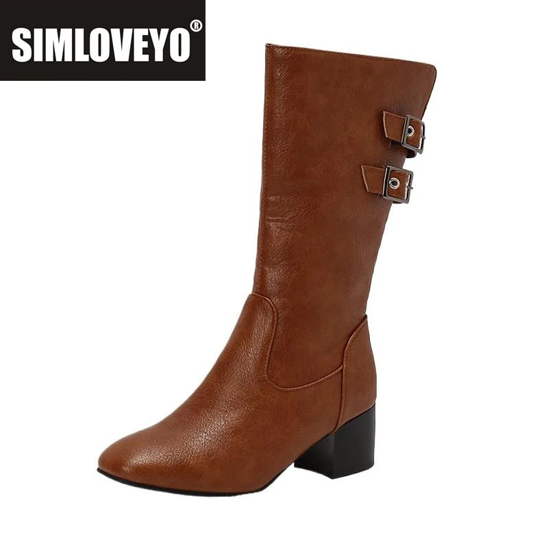 

SIMLOVEYO Office Lady Mid Calf Boots Round Toe Block Heels 5cm Decoration Size 48 49 50 Classic Bota