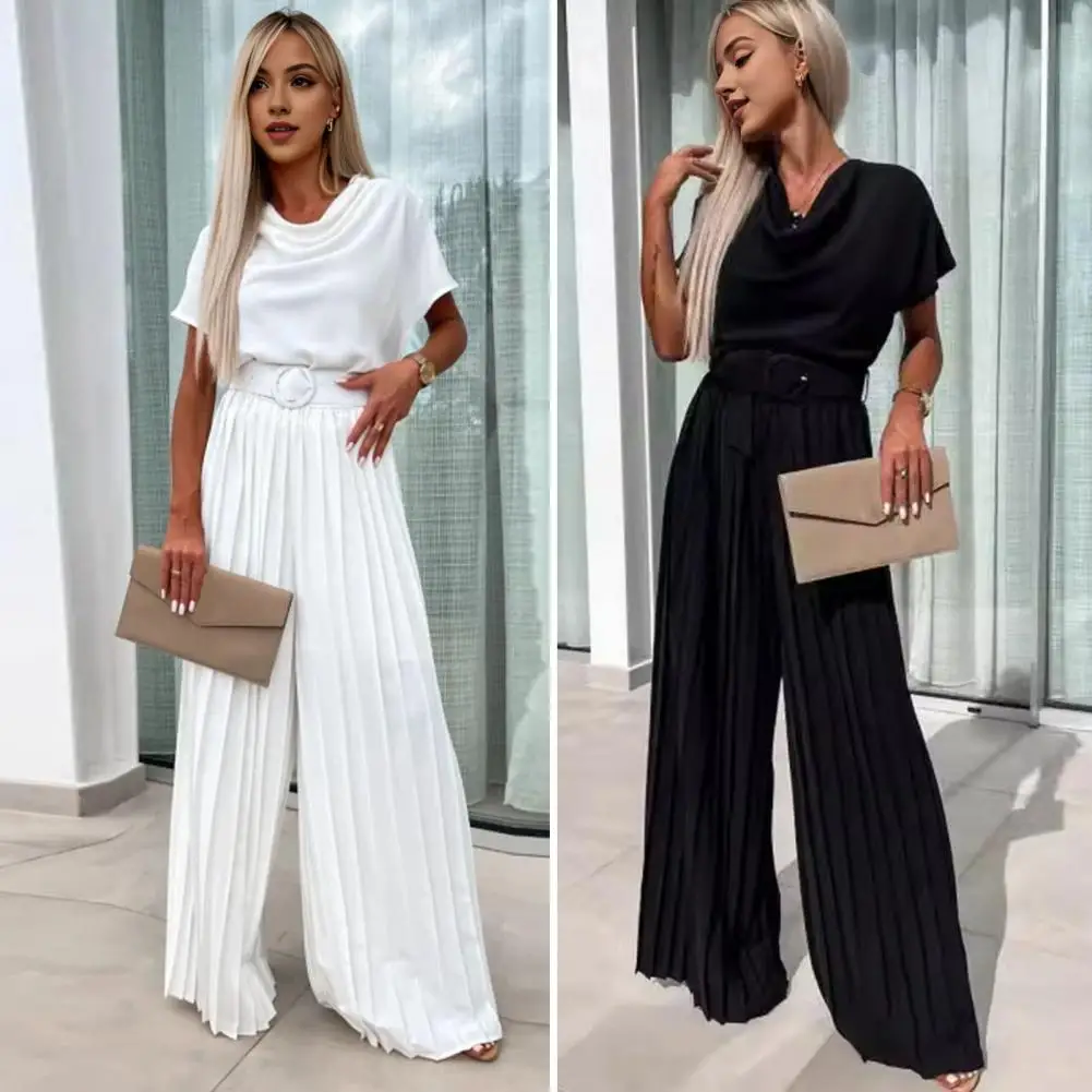 

Stacked Collar Jumpsuit Elegant Women's Wide Leg Jumpsuit with Belted Waist Pleated Collar for Formal Occasions Office Wear