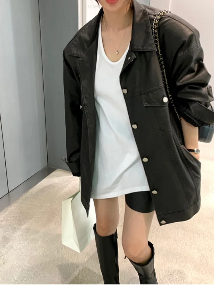 Premium Feel Leather Jaet Women's 2025 Spring Autumn Sle American Retro Classic PU Leather Motorcycle Clothes Top