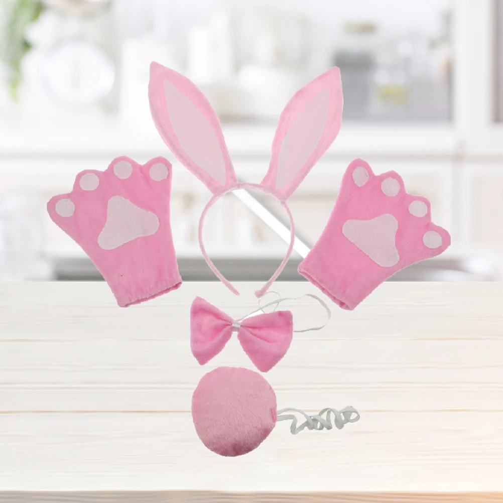 4pcs Rabbit Costume Set Bunny Ears Headband Bow Tie Tail Gloves Party Cosplay Outfit For Halloween Christmas Fancy Dress