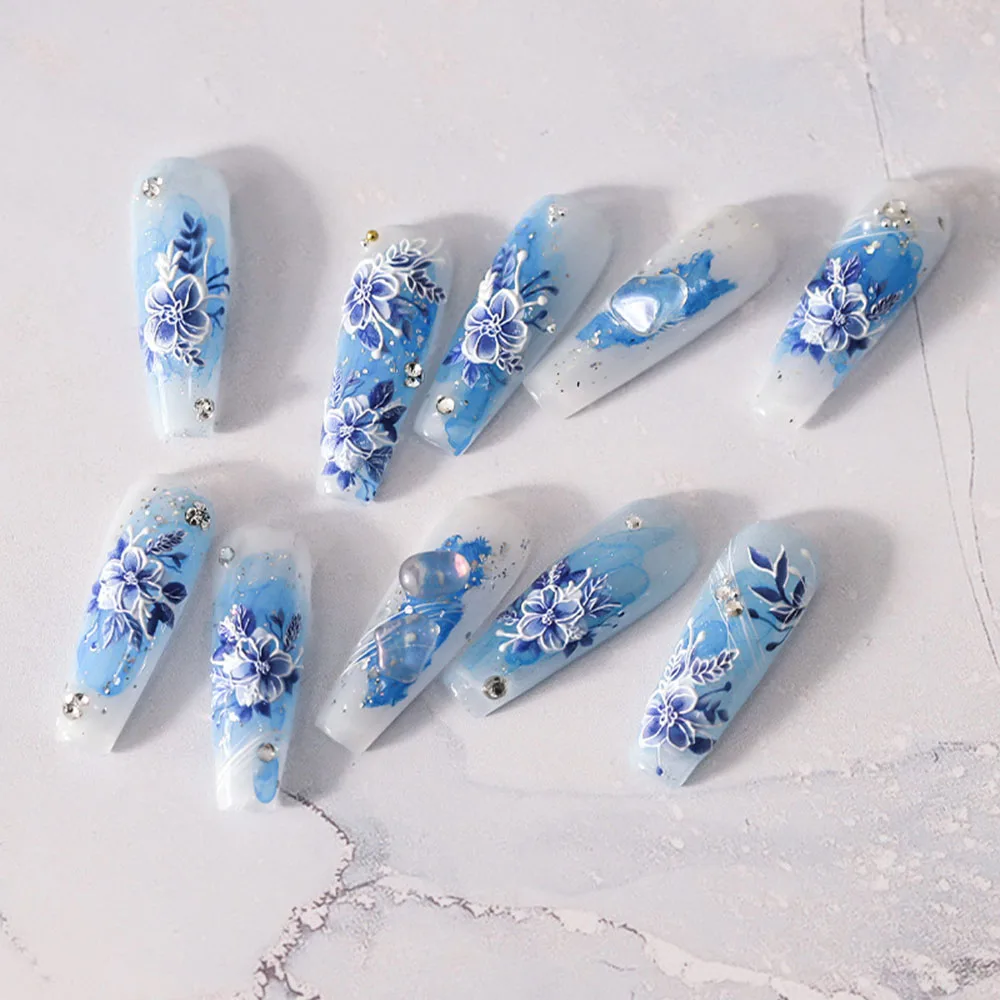 Blue Flowers Nail Stickers 5D Embossed Flower Nail Stickers Decals for Acrylic Design Blue & White Nail Art Accessories Slider