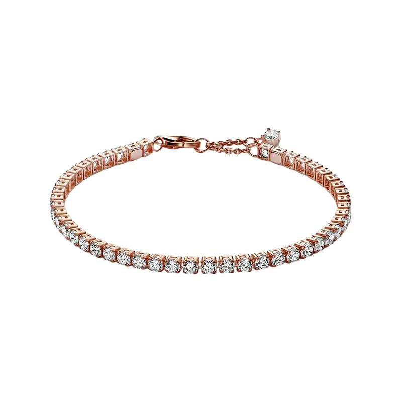 

14K Rose Gold Wrist Tennis Strand Bracelets For Women Original Fine Jewelry Clear Zircon Lobster Clasp 3 Rings Mother's Day Gift