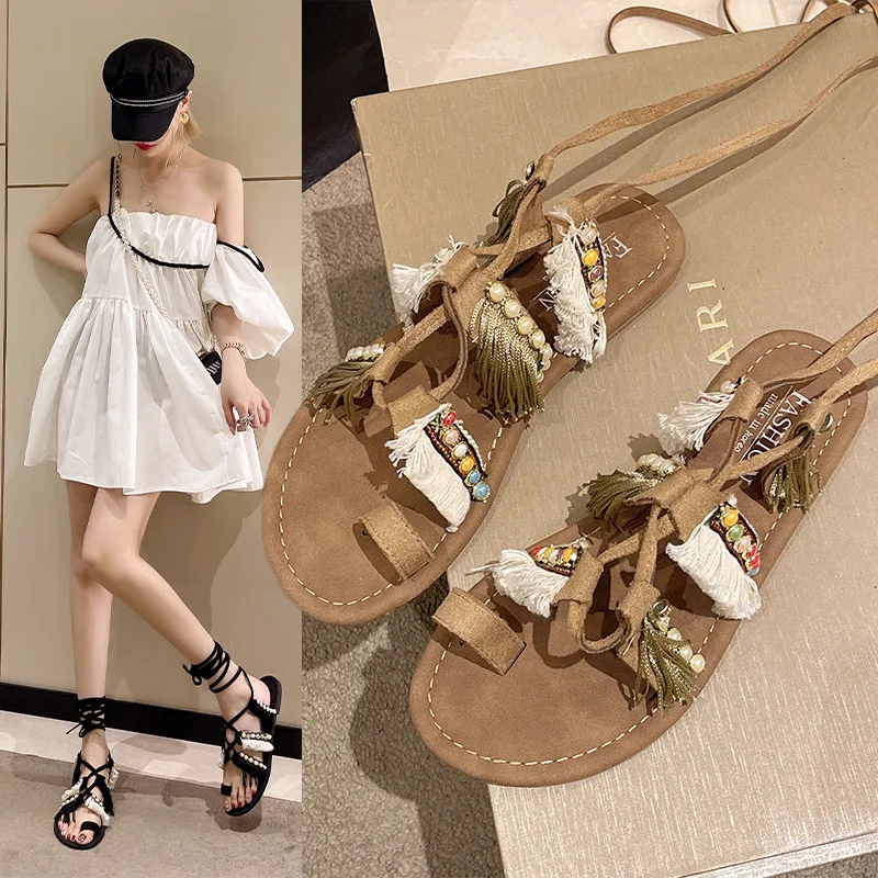 Bohemian Ankle Strappy Women Summer Sandals Color Blocking Flat Bottom Roman Shoes Comfortable Holiday Flip Flops Sandales Femme