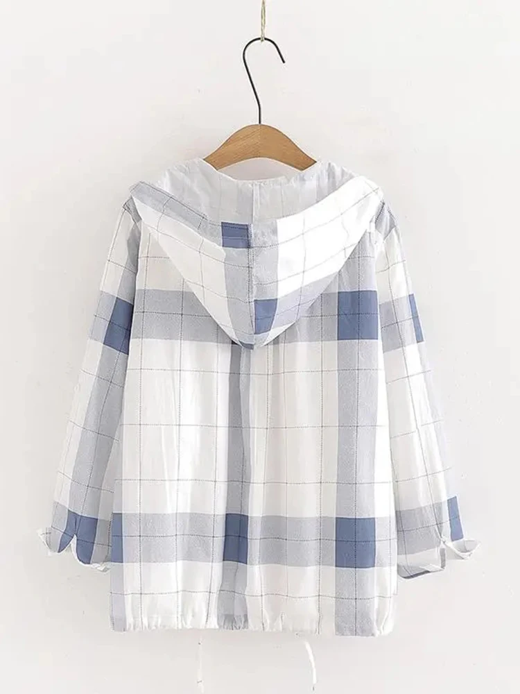 Jmprs Japan Preppy Style Women Shirts Fashion Bow Lace Up Student Hooded Top Plaid Blue White Female Elegant blouse