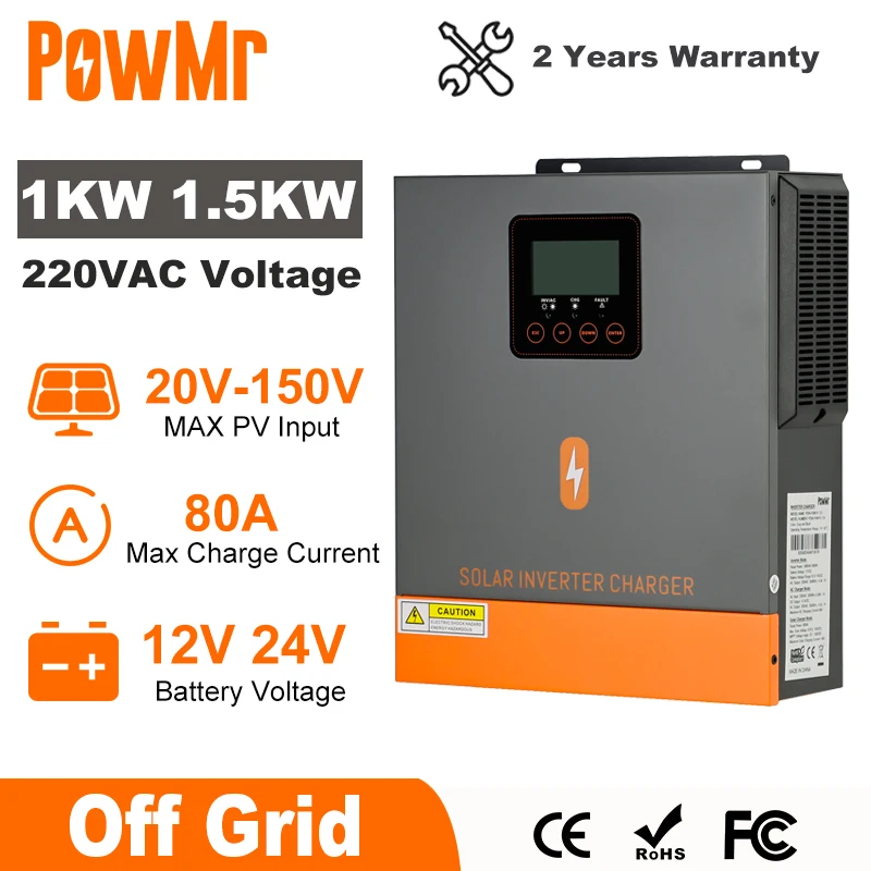 PowMr 1000W 1500W Hybrid Solar Inverter 12V 24V 220V Off Grid Pure Sine Wave Inverter Dual Output with MPPT 80A Solar Charger