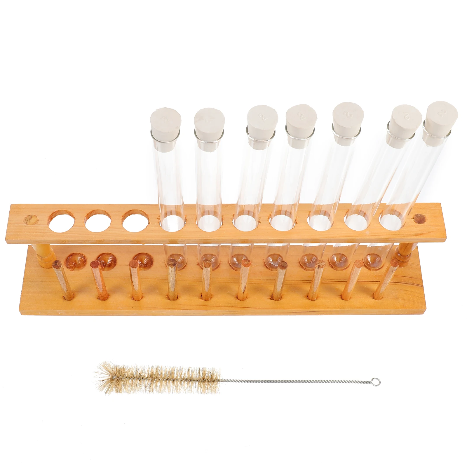 

10 Glass Test Tubes Rubber Stoppers 1 Wooden Rack High Transparency Heat Resistance Great for Lab Craft School Use