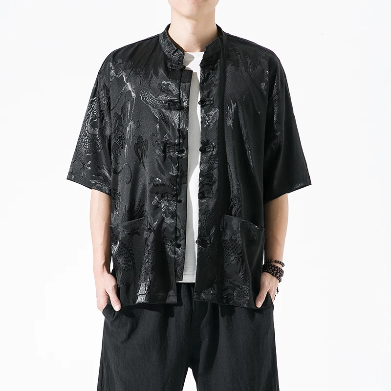 

Мужская рубашка с короткими рукавами из ледяного шелка в китайском стиле, новинка лета 2024, повседневная модная мужская рубашка премиум-класса с тонким драконом и пуговицами