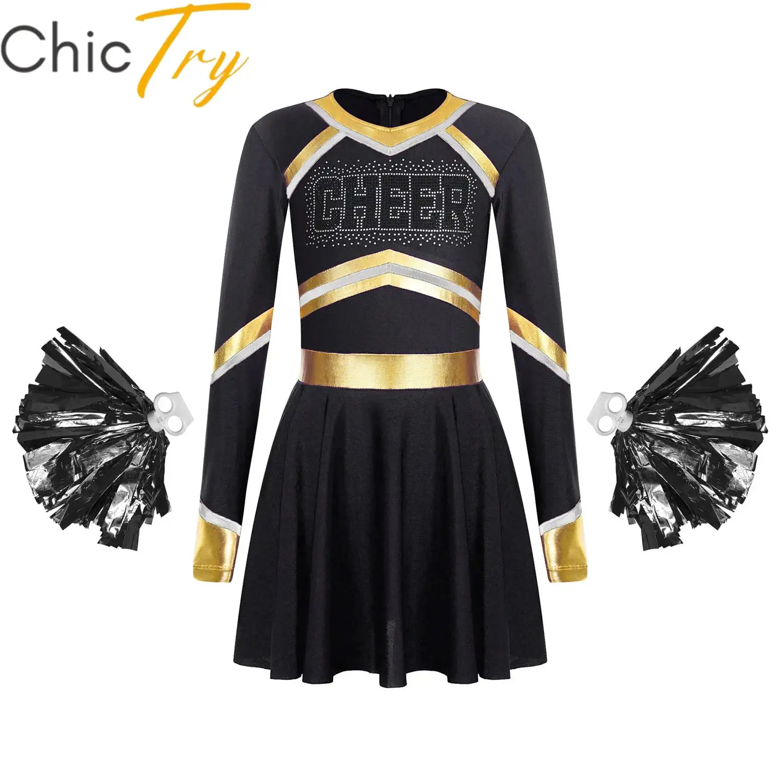 

Cheer Leader Costume for Girls Sparkly Long Sleeve Cosplay Cheerleading Dance Dress with Hand Flowers for Sports Competition
