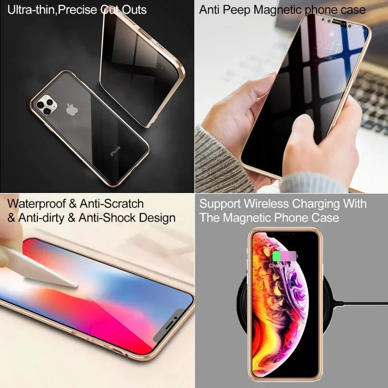 Anti-peeping Magnetic Tempered Glass Privacy Case For iPhone 14 13 12 11 Pro Max XS XR 8 7 Plus Full Anti-Spy Metal Bumper Cover