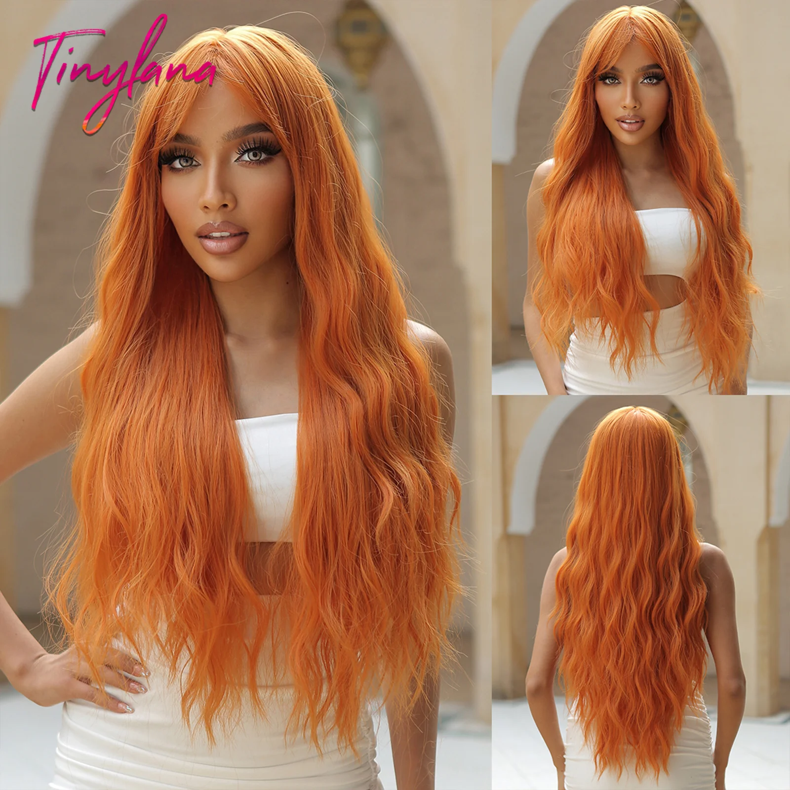 Long Wavy Orange Brown Synthetic Wig with Bangs, Cosplay