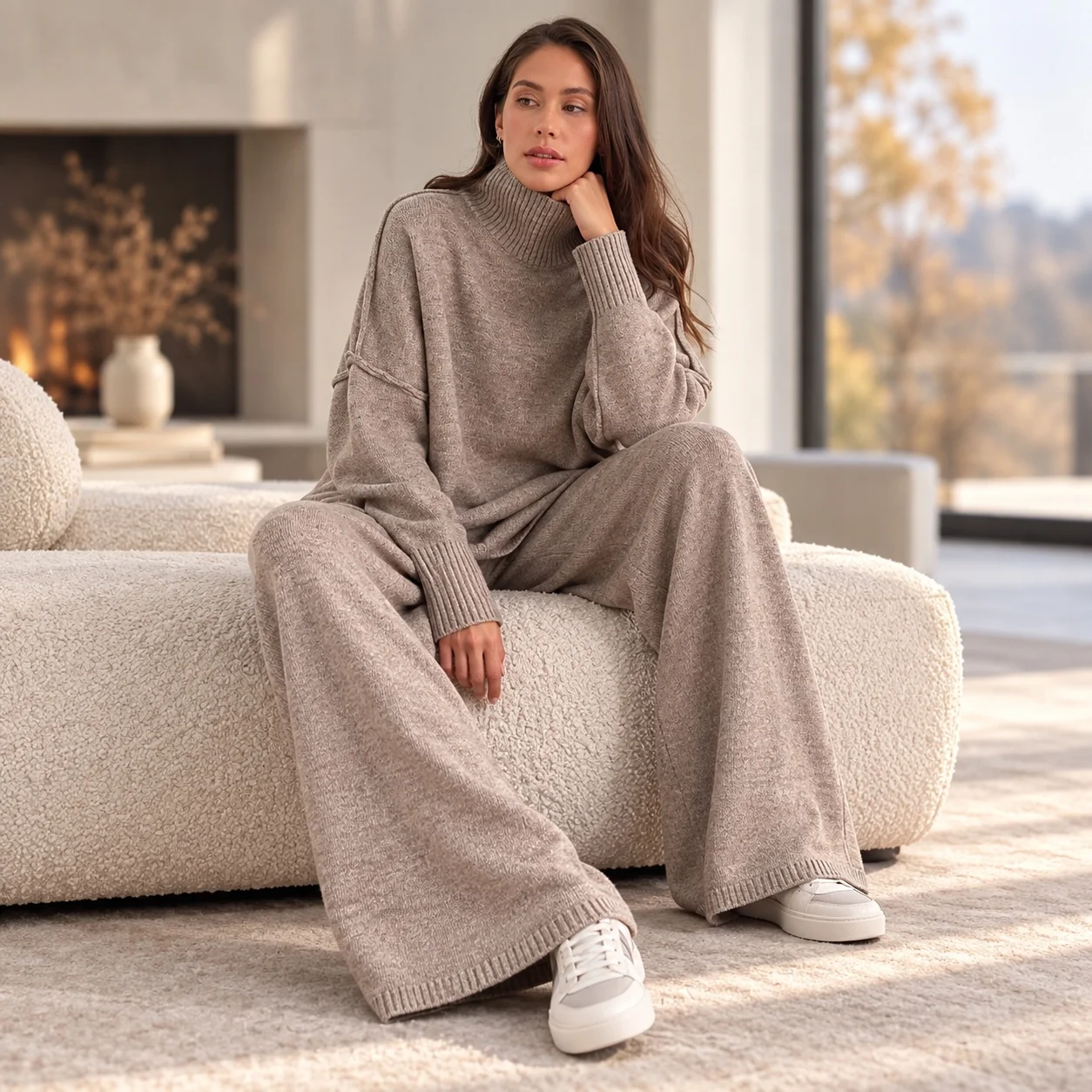 Slit Turtleneck Set Loose Elegant with Streetwear European and American Style Full Length Pleated Long Sleeve Women Winter Set
