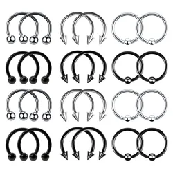 24pc 16G Multiuse Stainless Steel Piercing Rings - Hypoallergenic Horseshoe Hoops for Nose, Cartilage, & More