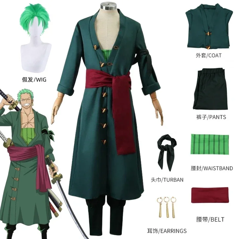 

2026 Anime Roronoa Zoro Cosplay Costume Uniform Green Coat Belt Pants Head Scarf Roronoa Zoro Wig Earrings Halloween Men Clothes