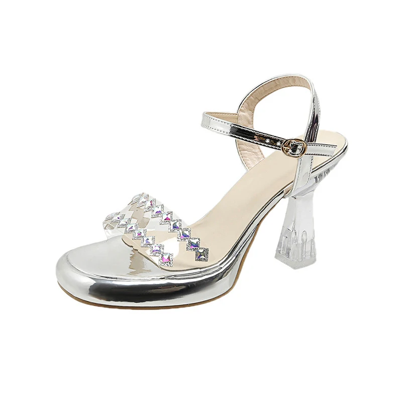 Rhinestone Sexy Sandals Women Summer New Round Toe Open Toe Belt Buckle Transparent Comfortable Solid High Heels Shoes Women's