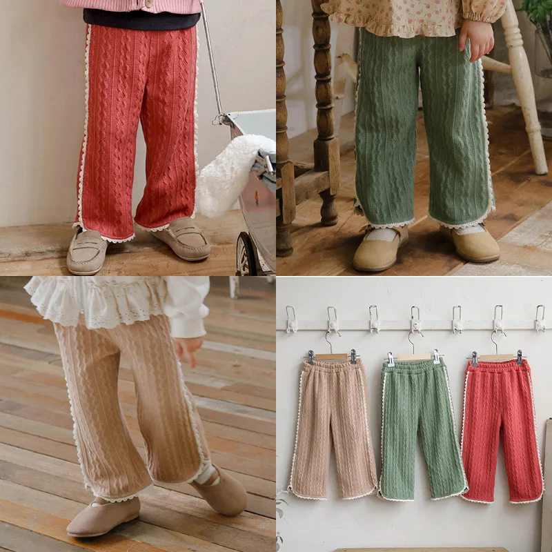 Korean Kids Girls Fashion Lace Retro Twist Pattern Knitted Straight Casual Pants Boutique 2026 Autumn Style Strawberry Shan