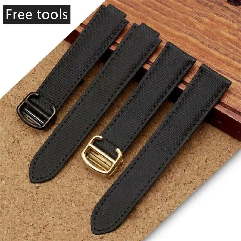

High Quality 16*8 18*11 20*12Mm Black Convex Canvas Watchband Folding Clasp Nylon Strap Fit For Ballon Bleu De Cartie R Watch