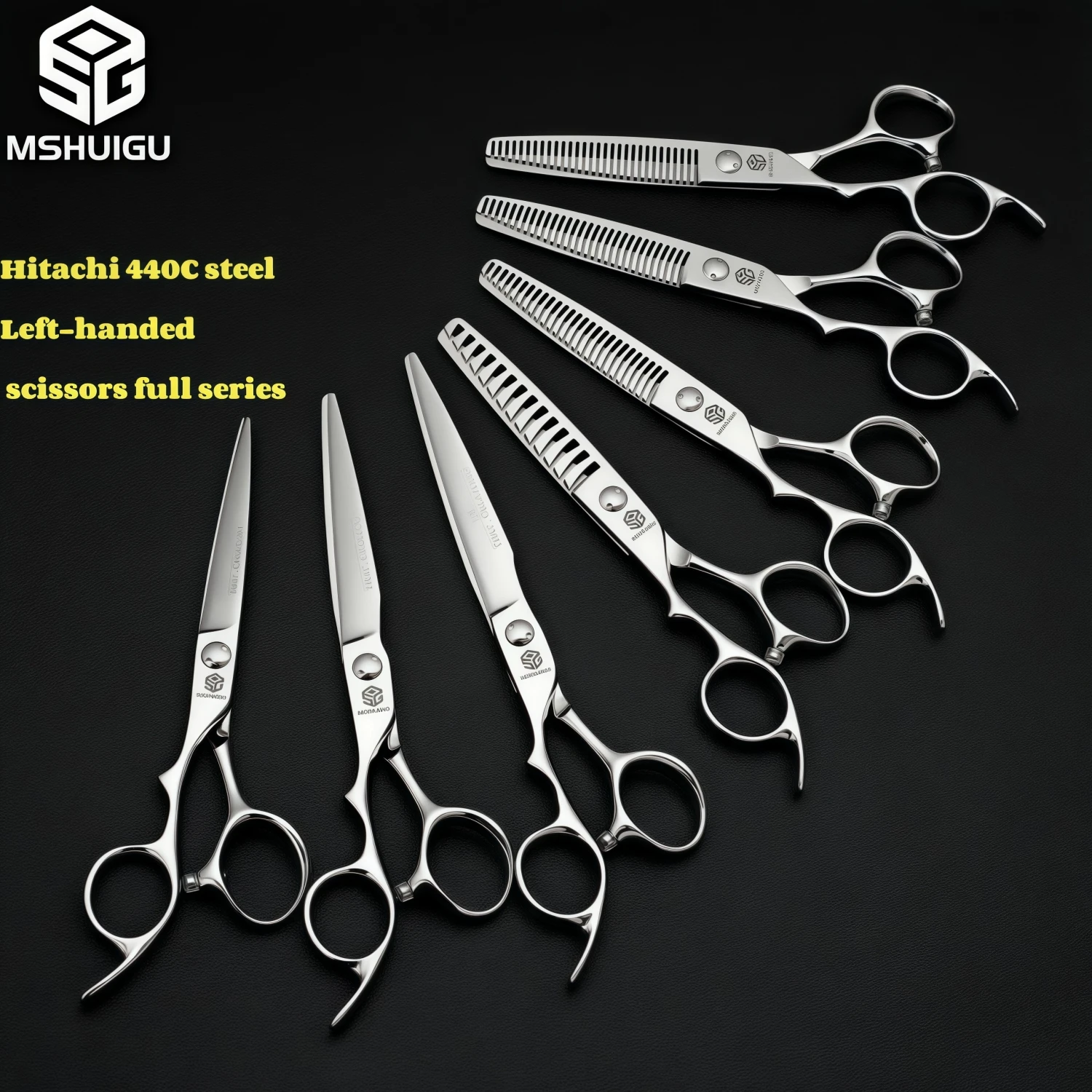 MSHUIGU Professional left-handed barber scissors Hitachi 440C  6-6.5- 6.8 inch Multiple hair thinning scissors Comb necklace