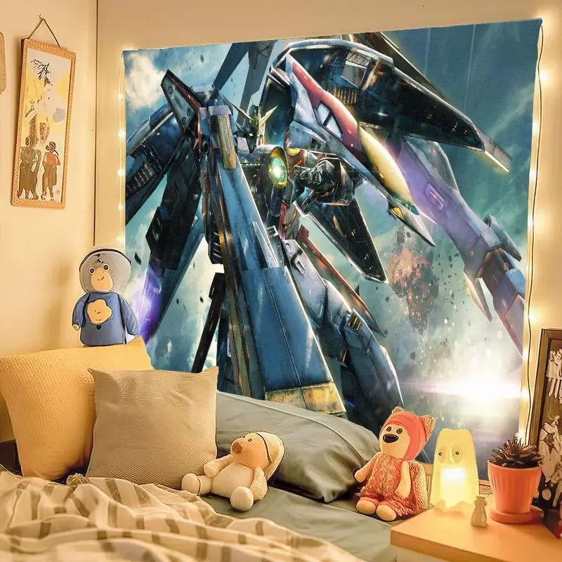 Tapiz Mech de Robot futurista, fondo dinámico de explosión, acentos metálicos, azul, negro y amarillo, arte de pared para ciencia ficción, Anime, 1 ud.