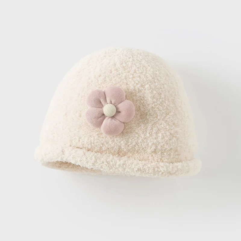 Dave Bella Winter Baby Girls Warm Flower Knitted Hats Children Beige Hat Soft Comfortable Kids Hat For 2-8Years DB4243809