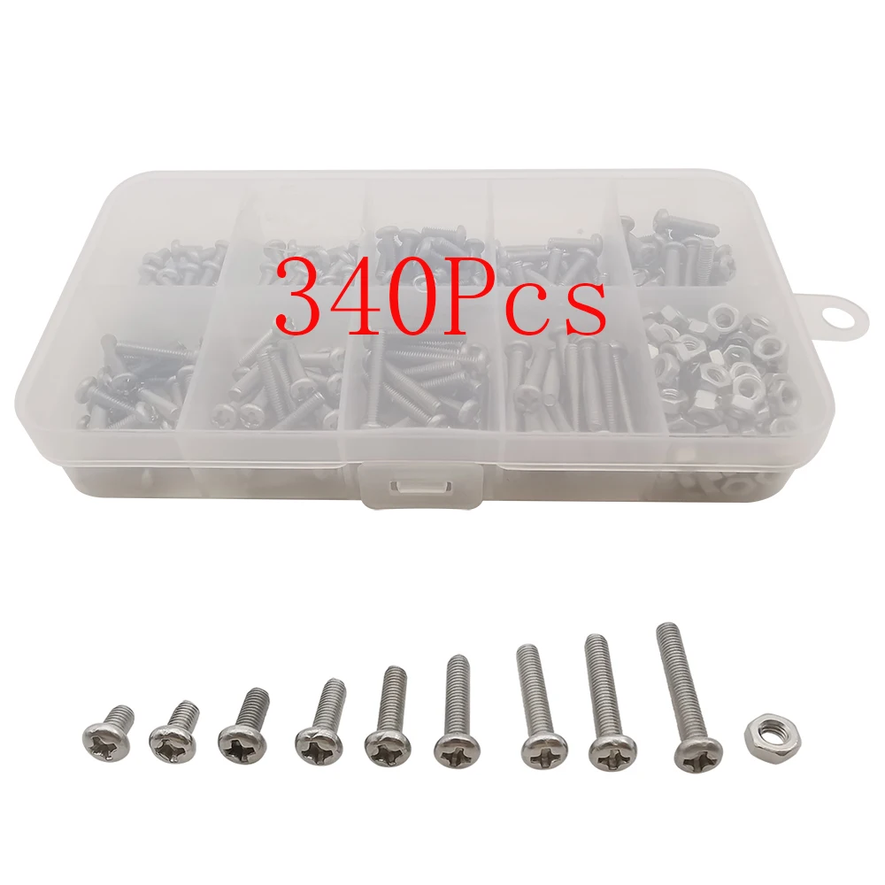 340Pcs/Box M3 Stainless Button Head Hex Socket Screws Nuts Assortment Kit Fastener Hardware For RC Parts