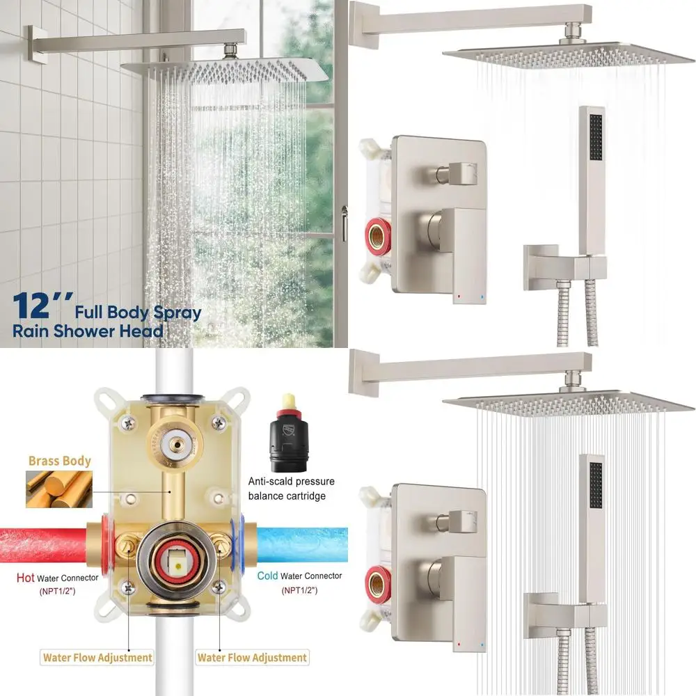 

12 Pressure Balanced Shower System with Rainfall and Handheld, Wall Mount, Brushed Nickel