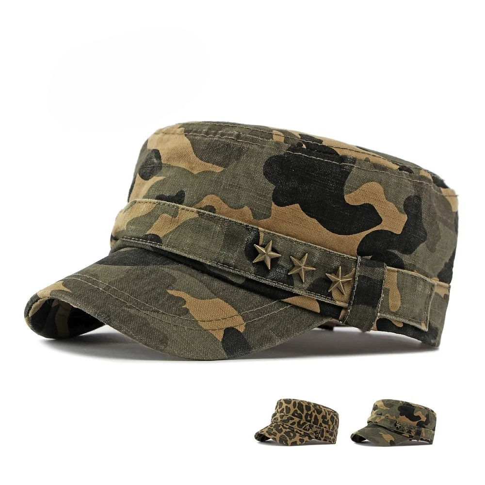 Vintage Old Camouflage Flat Cap Women American Leopard Star Rivet Newsboy Cap Outdoor Short Brim Cap